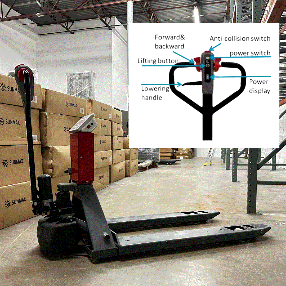 PT4400W Electric Pallet Jack with built-in scale, 4400 lbs capacity, electric brake, and control handle features in warehouse setting