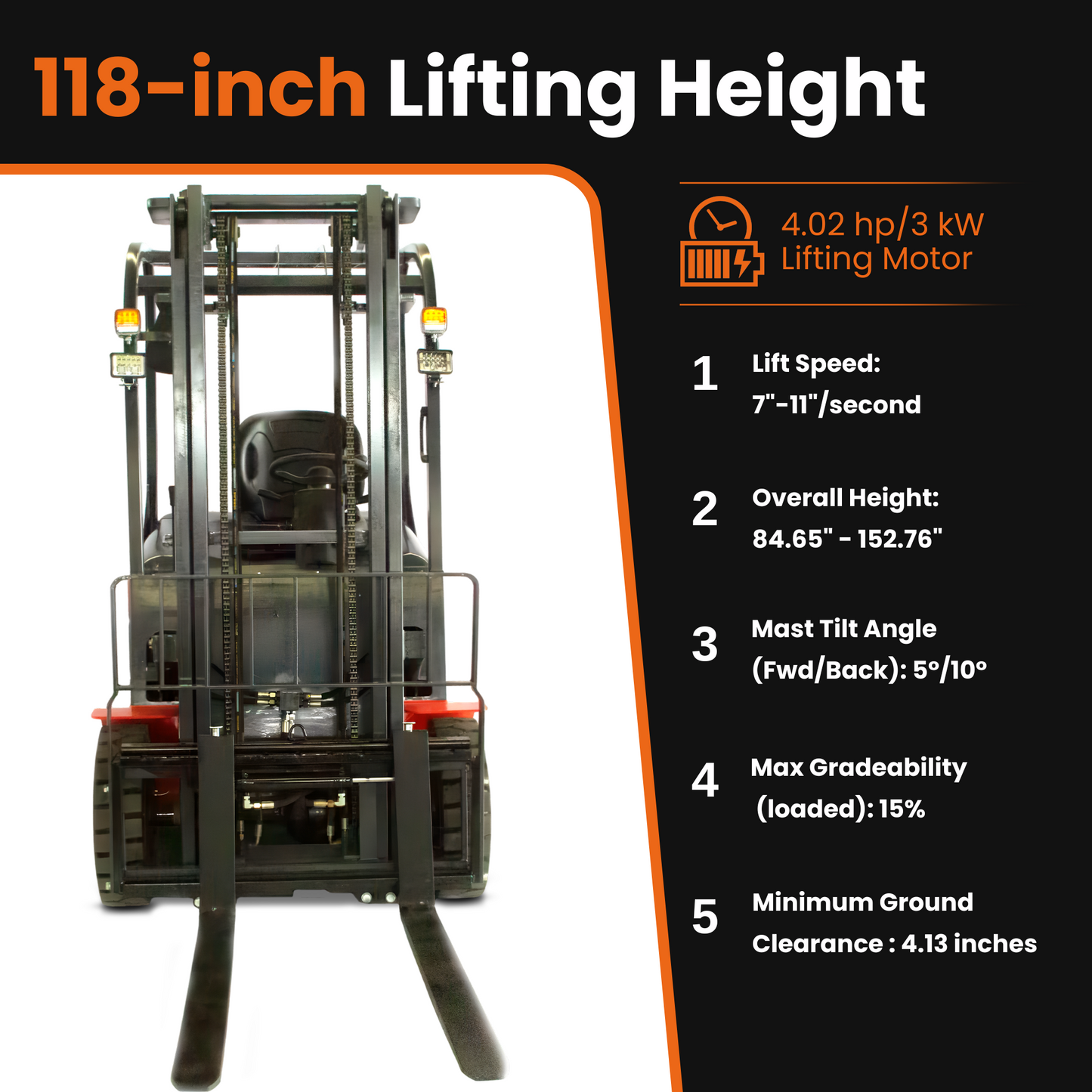 A-20 Electric Forklift – 4400 Lbs Load Capacity, 118" Lift Height, Compact & Efficient Design for Industrial Use
