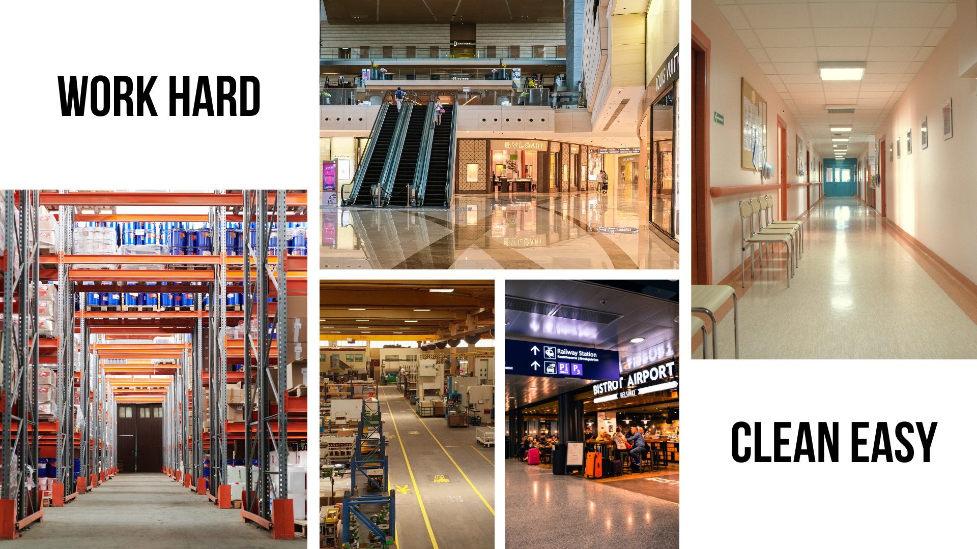 a collage of clean commercial & indusrial spaces