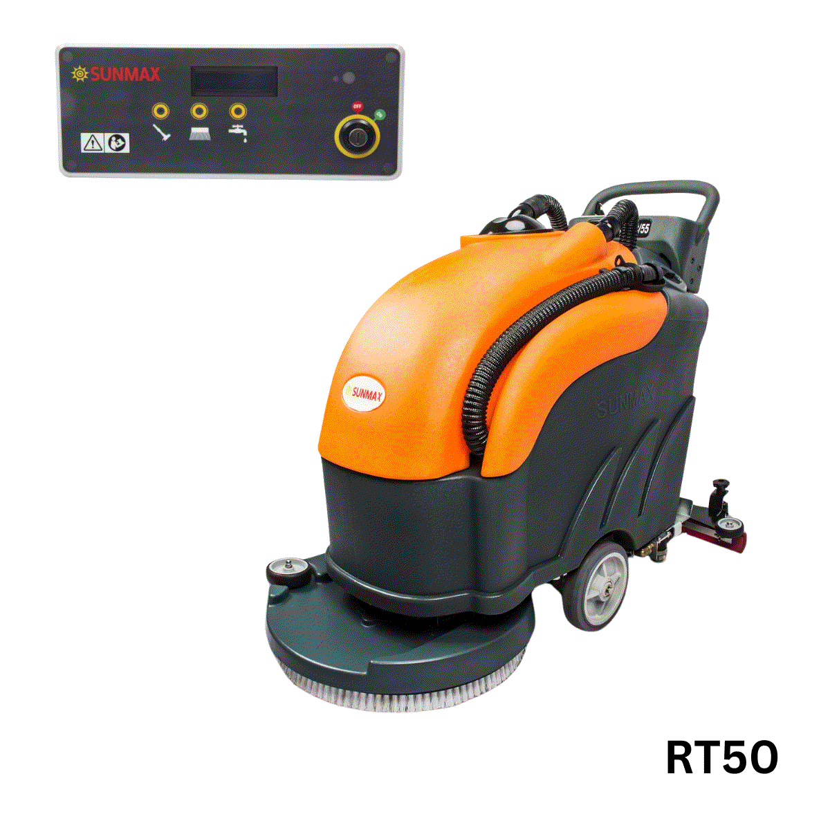 SUNMAX RT50 walk-behind floor scrubber with 22-inch cleaning path and 14.5-gallon recovery tank for commercial use