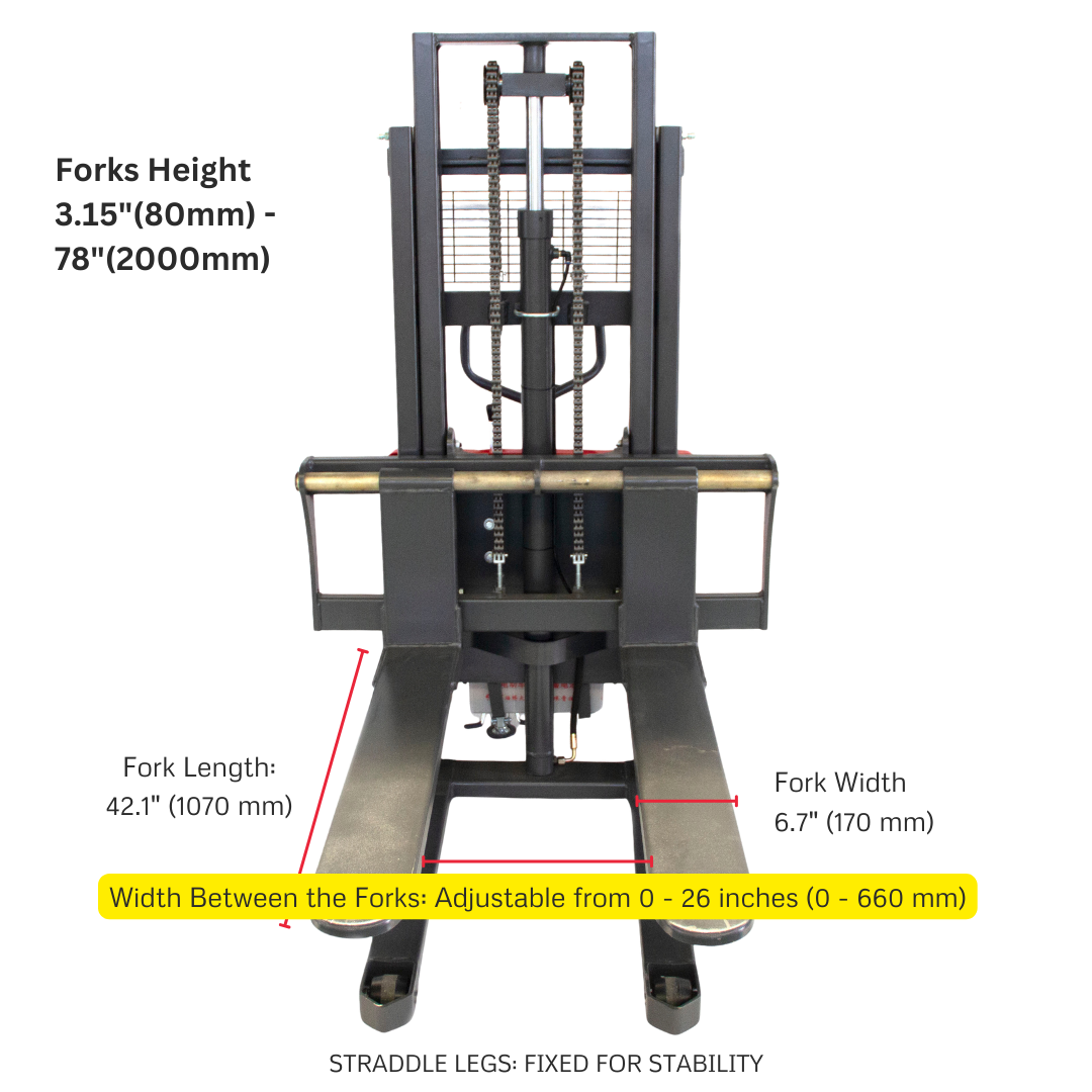 PS3300SE-2M Semi-Electric Pallet Stacker, 3300 lbs Capacity, 78" Lifting Height with Fixed Straddle Legs