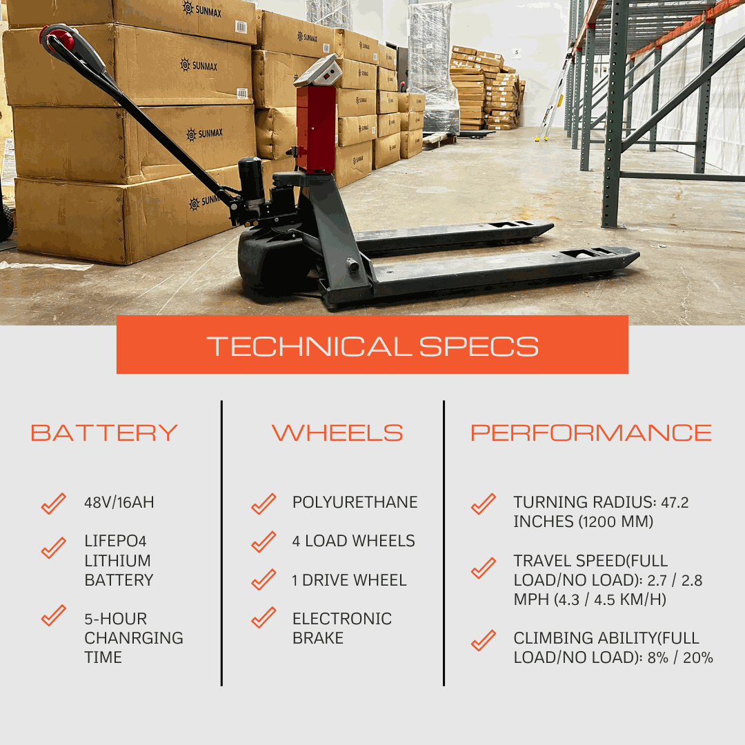 PT4400W electric pallet jack with built-in scale, 4400 lbs capacity, polyurethane wheels, electronic brake, lithium battery in warehouse setting