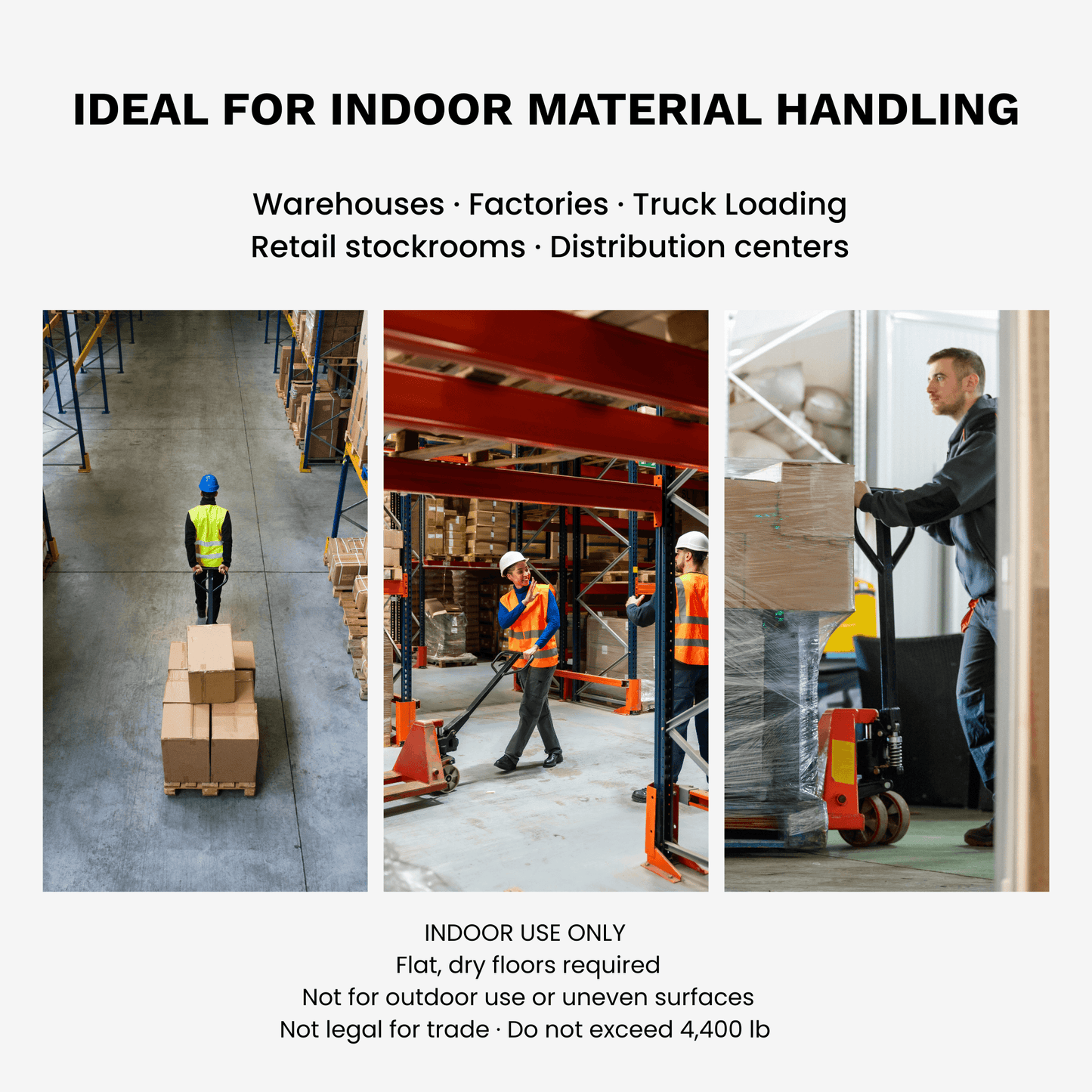HD4400W Manual Pallet Jack with Scale, 27" W x 48" L Forks – 4,400 lb Capacity Warehouse Pallet Truck in use for material handling.