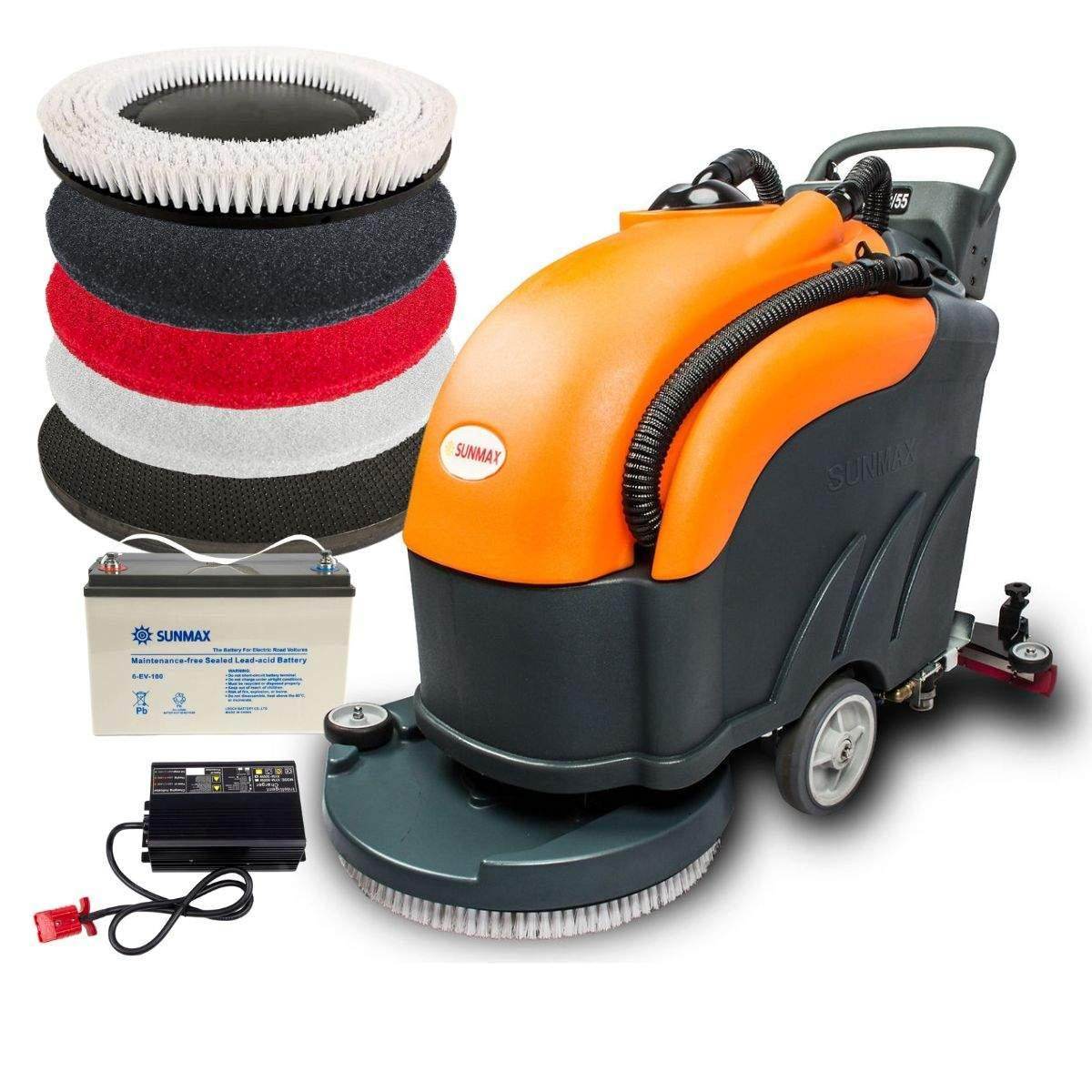 SUNMAX RT50 walk-behind floor scrubber front view with handle and brush deck