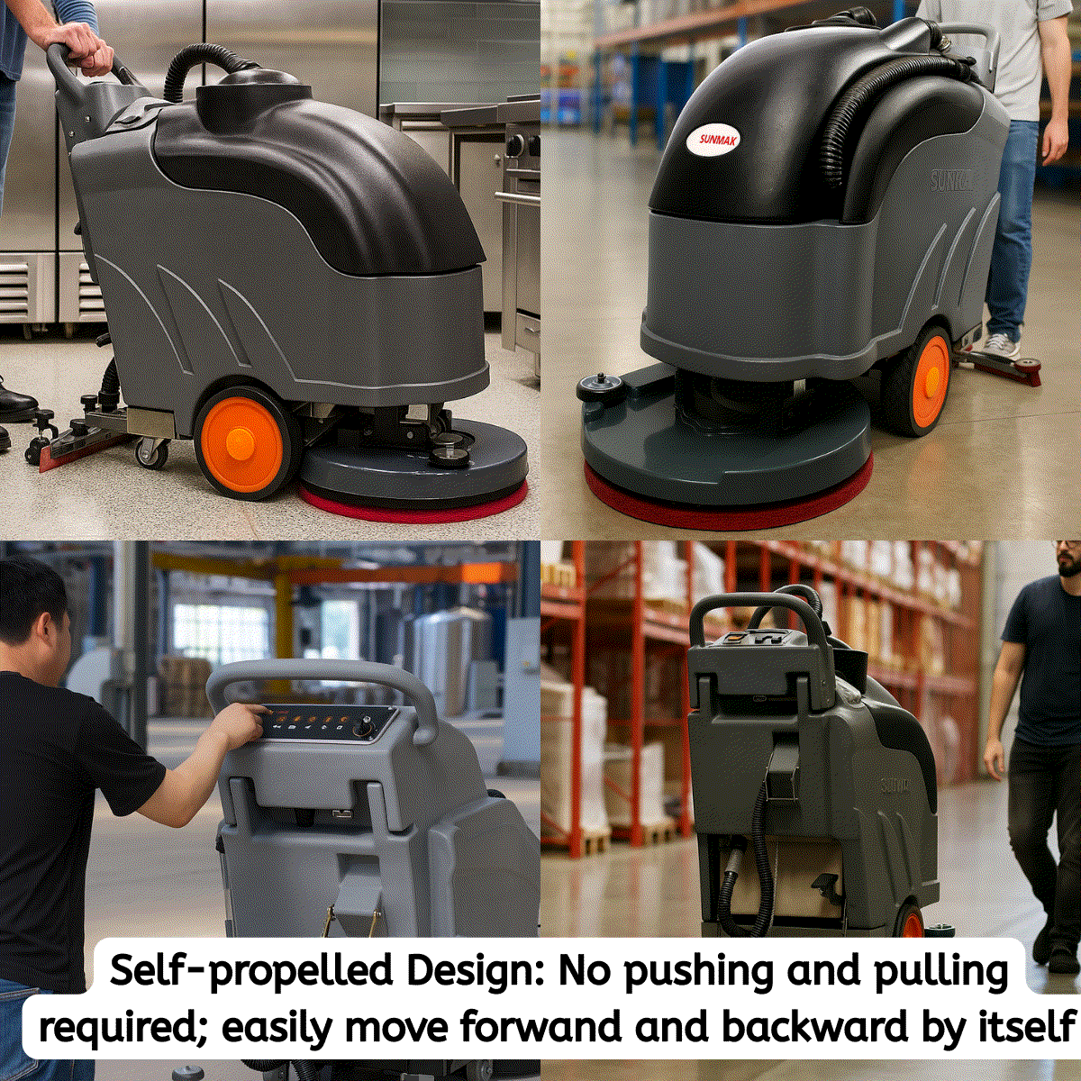 SUNMAX RT50D self-propelled floor scrubber with 22-inch cleaning width, 36,000 sqft/h capacity, ergonomic handle, and 14.5-gallon recovery tank.