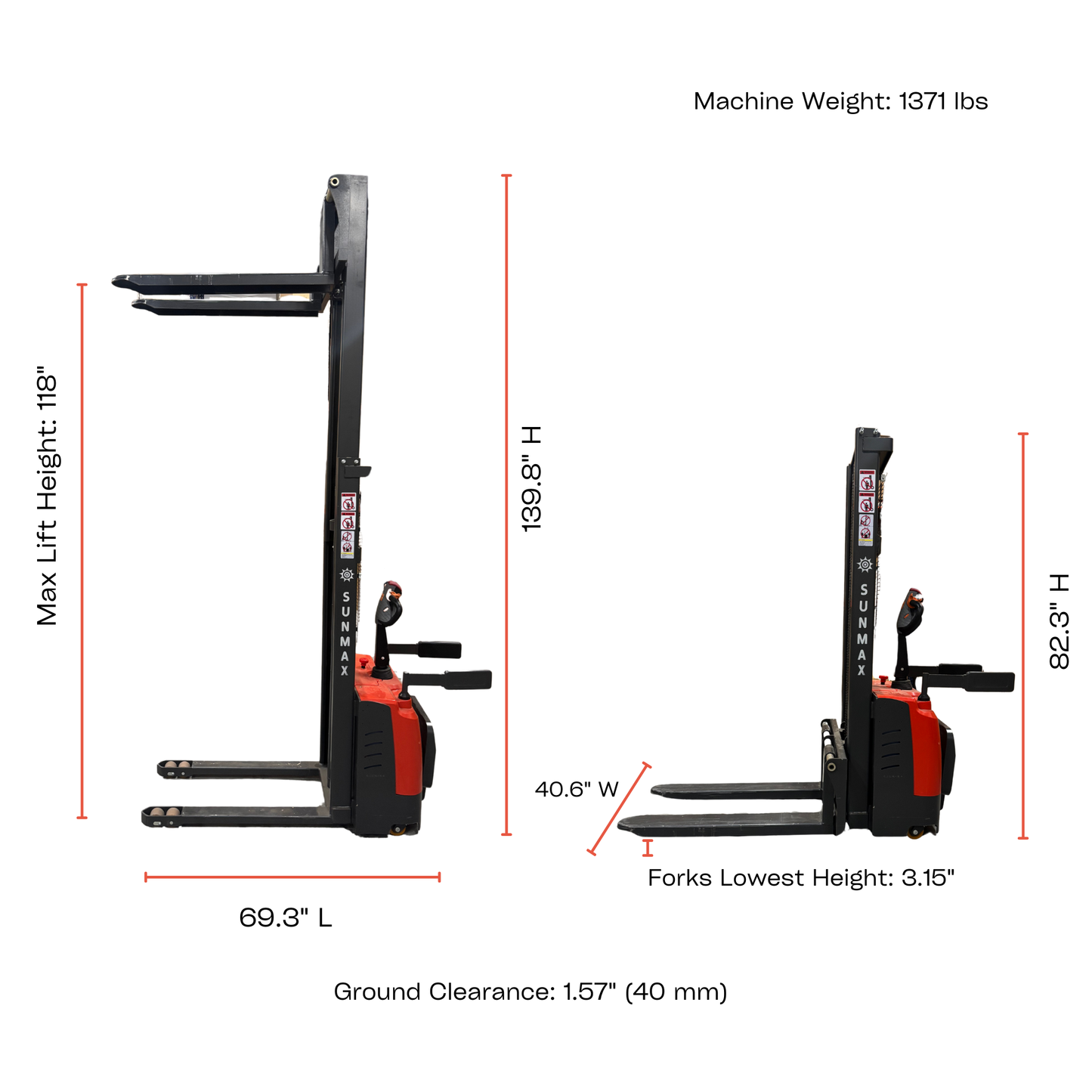 PS3300FE-3M Electric Pallet Stacker, 3300 lbs Capacity, 118″ Lifting Height, Work with Open-bottom Pallets
