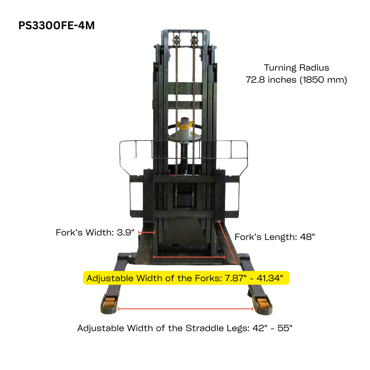 PS3300FE-4M Full Electric Pallet Stacker β 3300 lbs Capacity, 157" Lift Height, Adjustable Legs