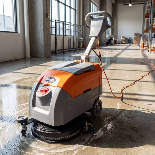 Close-up of RT35AC floor scrubber's 17-inch brush in action on a polished commercial hard floor, highlighting textured bristles and wet surface.