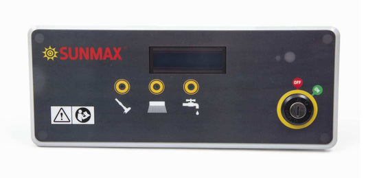 Control panel of SUNMAX RT50 and RT50+ walk behind floor scrubber machines with buttons and on/off switch
