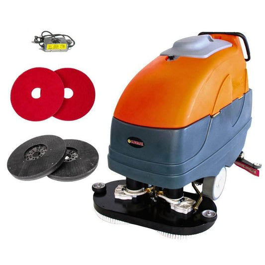 Orange and gray RT120 self-propelled floor scrubber machine with 34-inch brush, 33-gallon tank, and cleaning pads