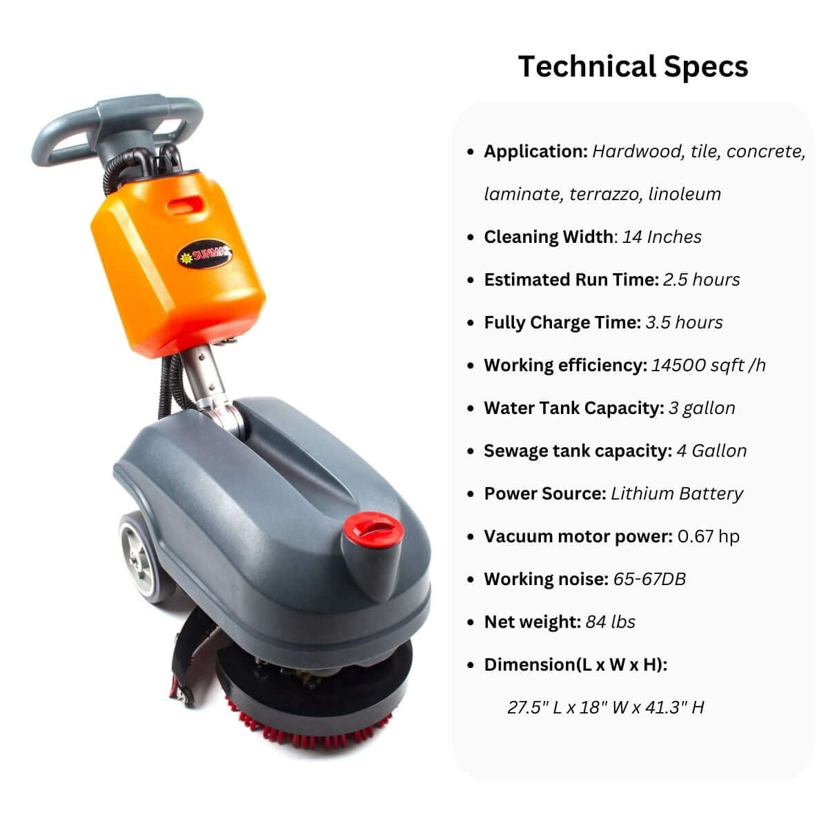 RT15+ 14" Walk-behind Floor Scrubber with Lithium Battery | SUNMAX