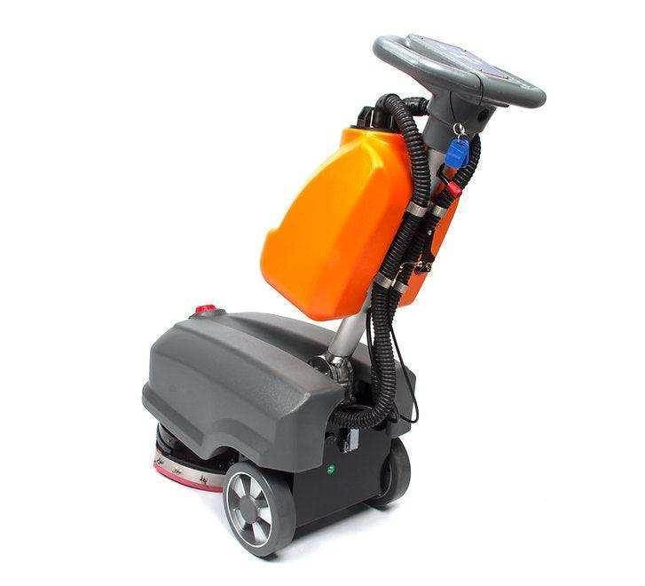 Battery powered RT15 commercial floor scrubber with 14-inch brush and 4-gallon tank for efficient cleaning