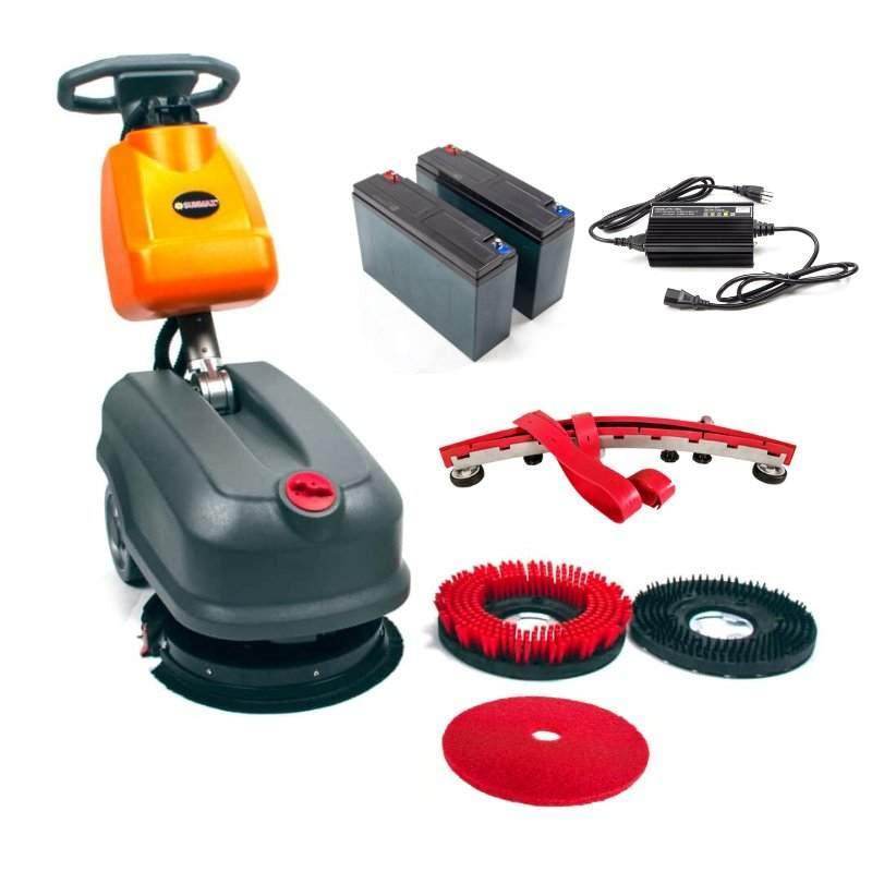 RT15 14-inch battery powered commercial floor scrubber with accessories and replacement batteries
