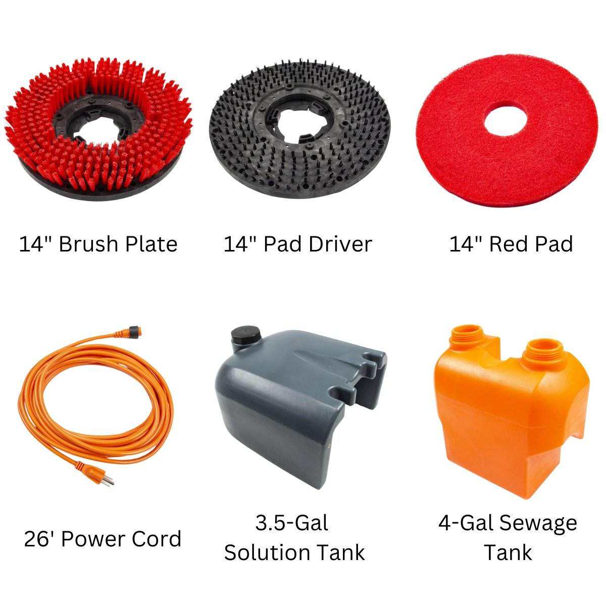 RT15AC floor scrubber replacement parts including 14" brush plate, pad driver, red pad, 26 ft power cord, 3.5-gal solution tank, and 4-gal sewage tank