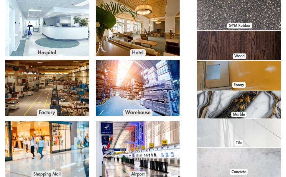RT15AC floor scrubber cleaning hospital, hotel, factory, warehouse, shopping mall, airport floors on various surfaces including rubber, wood, epoxy, marble, tile, and concrete.
