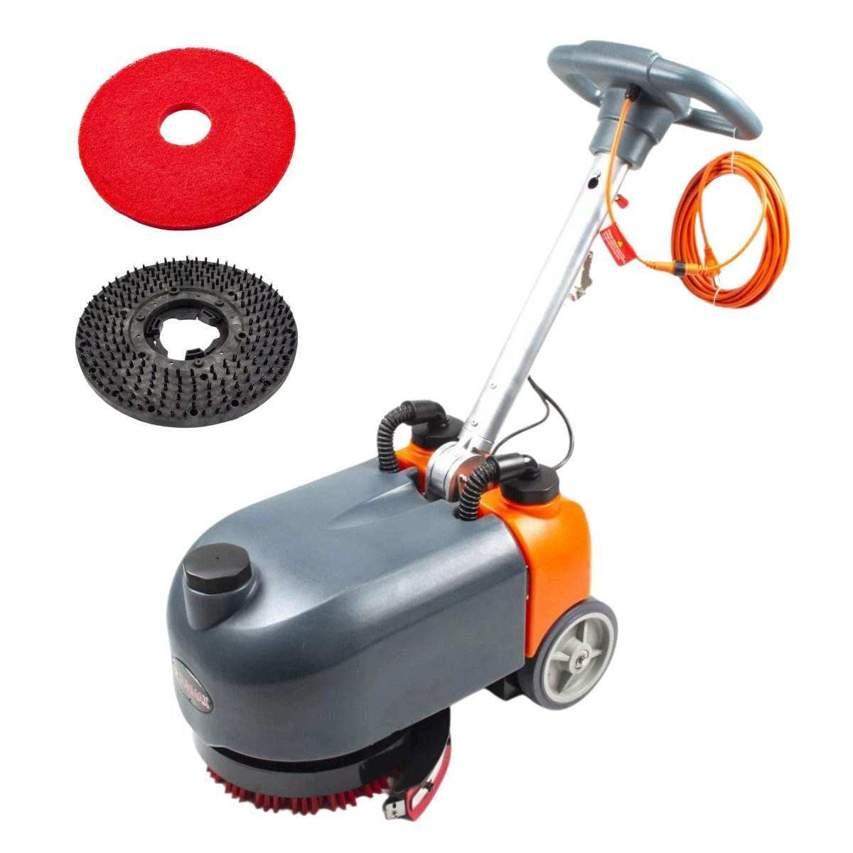 RT15AC floor scrubber machine with 14-inch brush, 26 ft power cord, compact design for industrial use