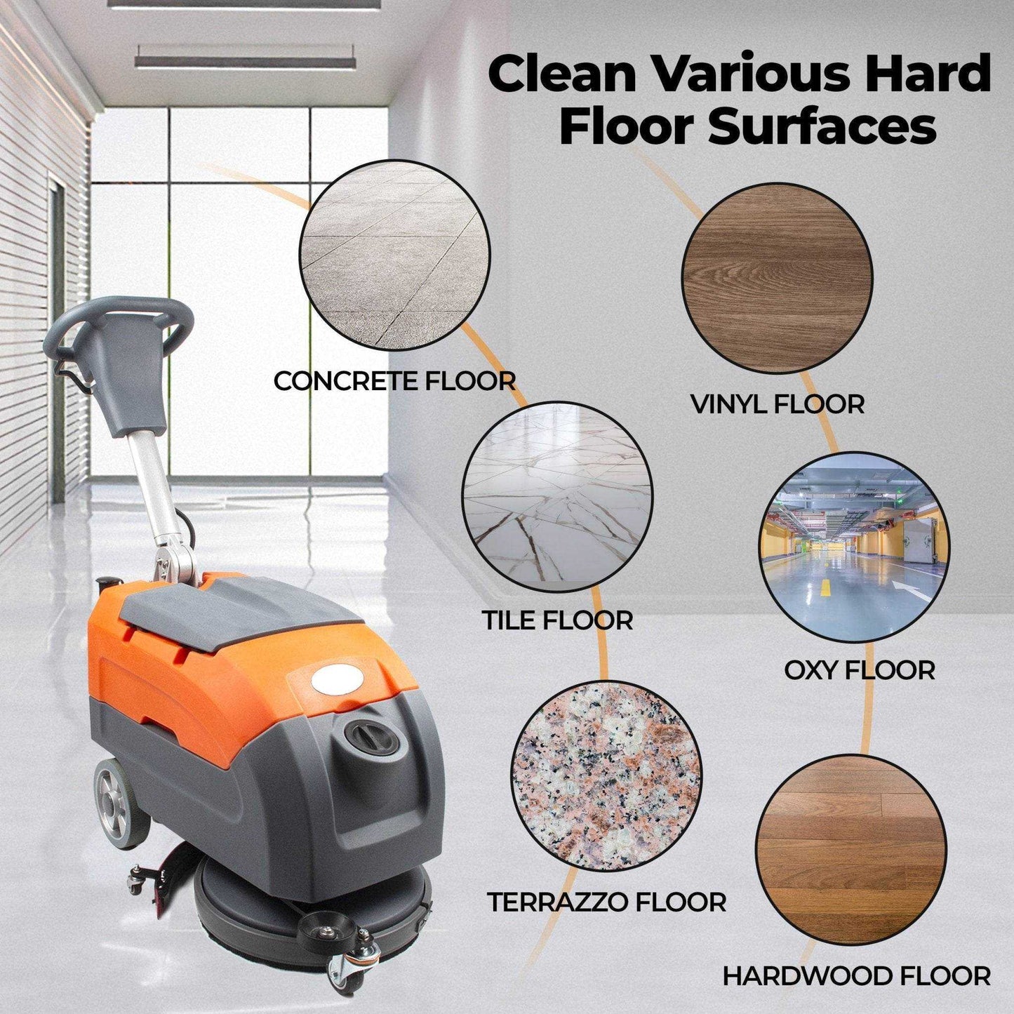 RT35 17-inch walk behind floor scrubber cleaning concrete, vinyl, tile, terrazzo, oxy, and hardwood floors in a commercial space