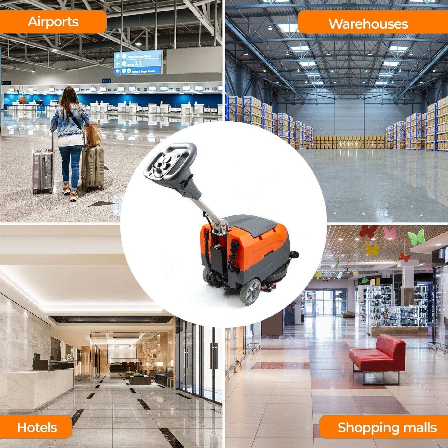 RT35 17-inch walk behind floor scrubber machine for commercial cleaning in airports, warehouses, hotels, and shopping malls with anti-collision wheel
