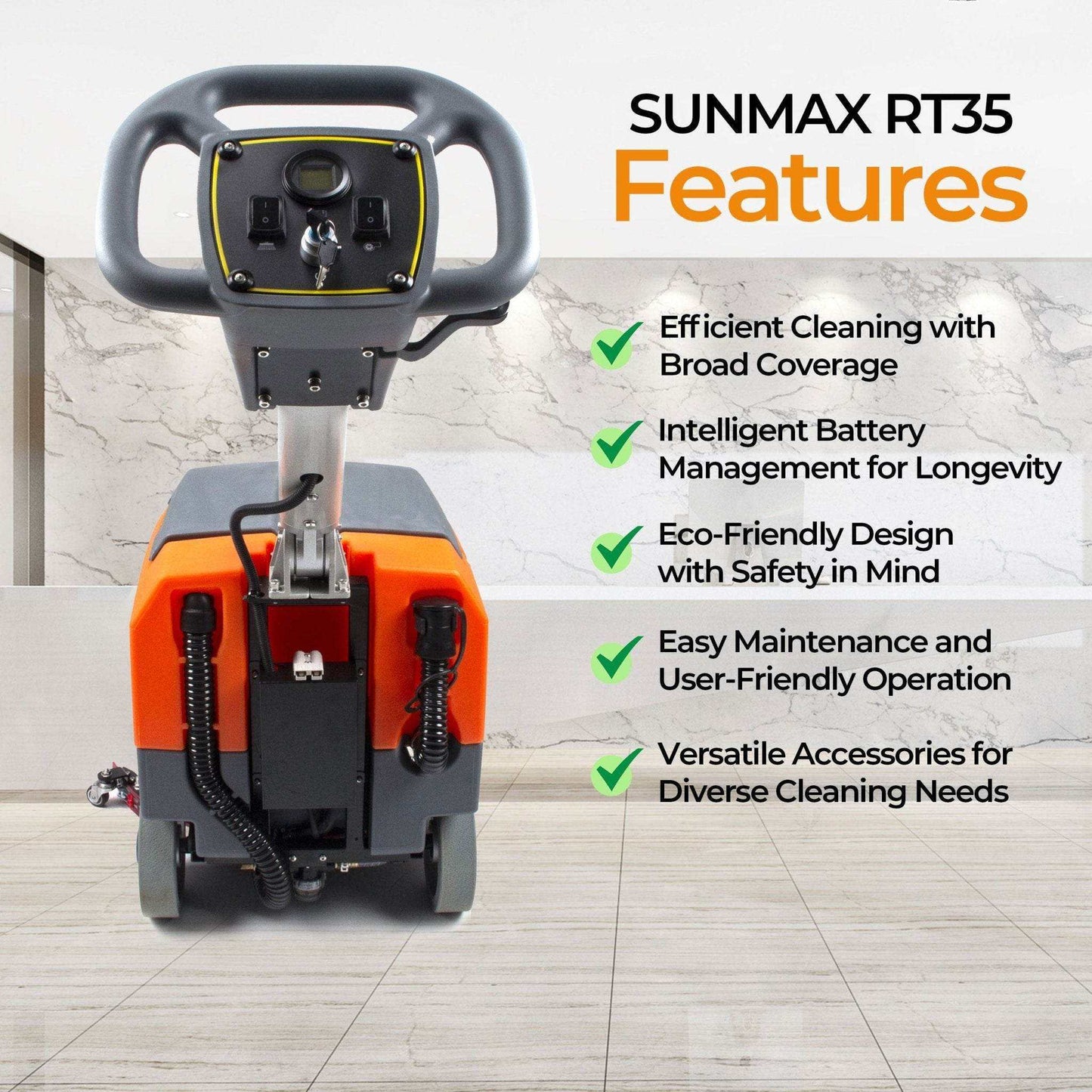 RT35 17 inch walk behind floor scrubber machine with broad coverage and user-friendly controls for efficient cleaning