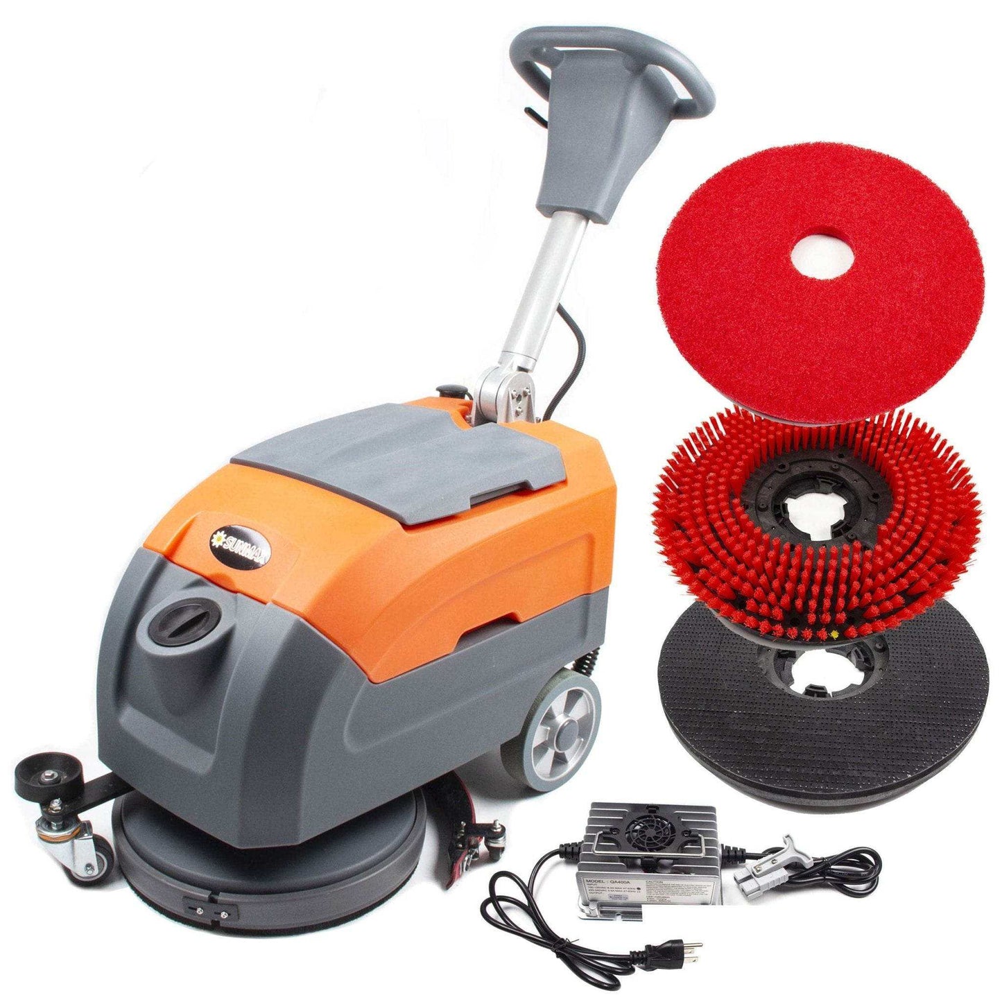 RT35 17 inch walk behind floor scrubber machine with red scrubbing pads and anti-collision wheel accessories
