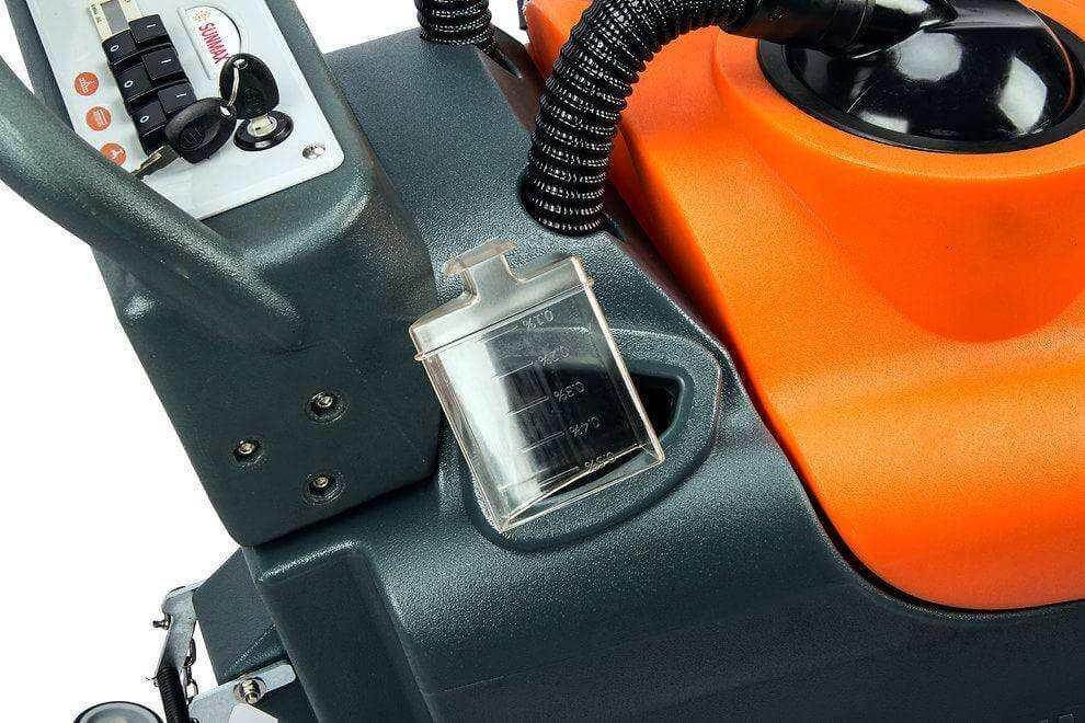 Close-up of RT50 Battery Powered Walk-Behind Floor Scrubber control panel and tank area in orange and gray colors