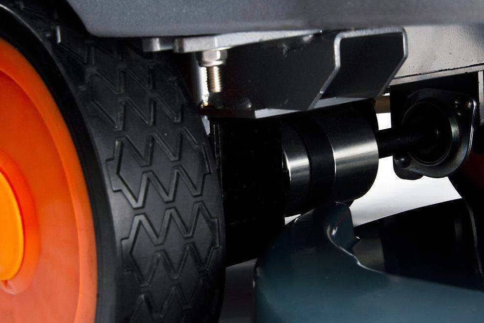 close-up of wheel and mechanical parts of RT50D self-propelled floor scrubber machine