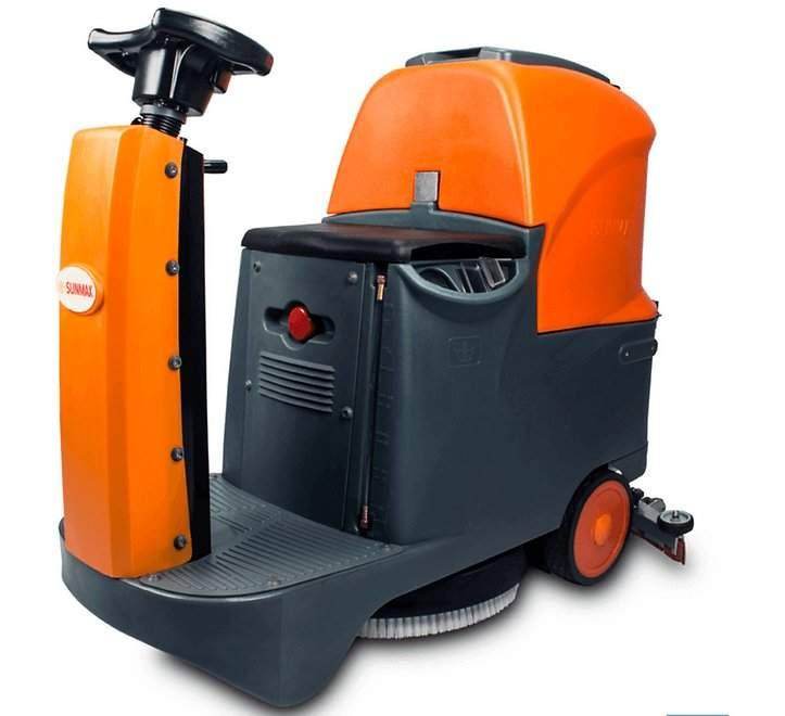 Orange and gray SUNMAX RT70 ride on floor scrubber machine with 22-inch brush cleaning path for efficient commercial cleaning