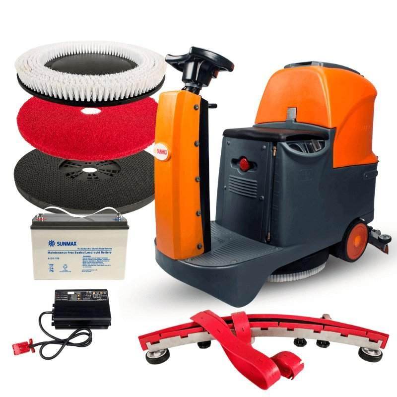 Orange and black RT70 ride on floor scrubber machine with 22-inch brush, battery, charger, cleaning pads, and squeegee assembly for commercial cleaning