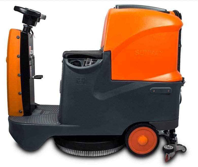 SUNMAX RT70 ride on floor scrubber machine with 22-inch brush cleaning path and orange-gray design