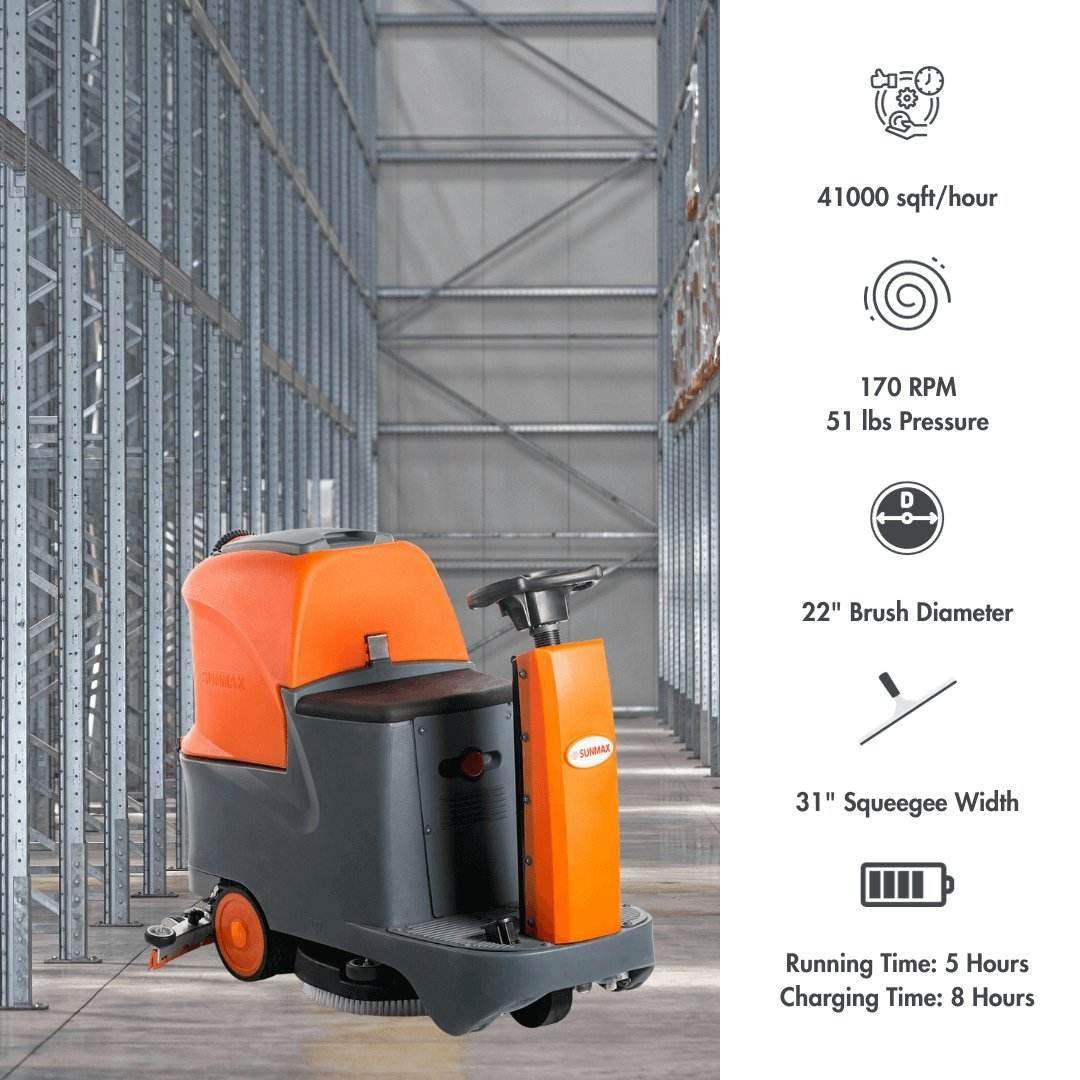 Orange and gray RT70 ride on floor scrubber machine in industrial warehouse with specifications icons