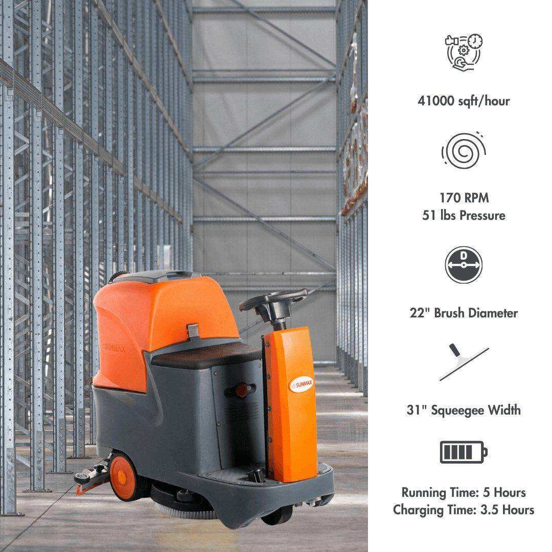 RT70+ Industrial Ride On Floor Scrubber machine with 22-inch cleaning path and lithium battery in warehouse setting.