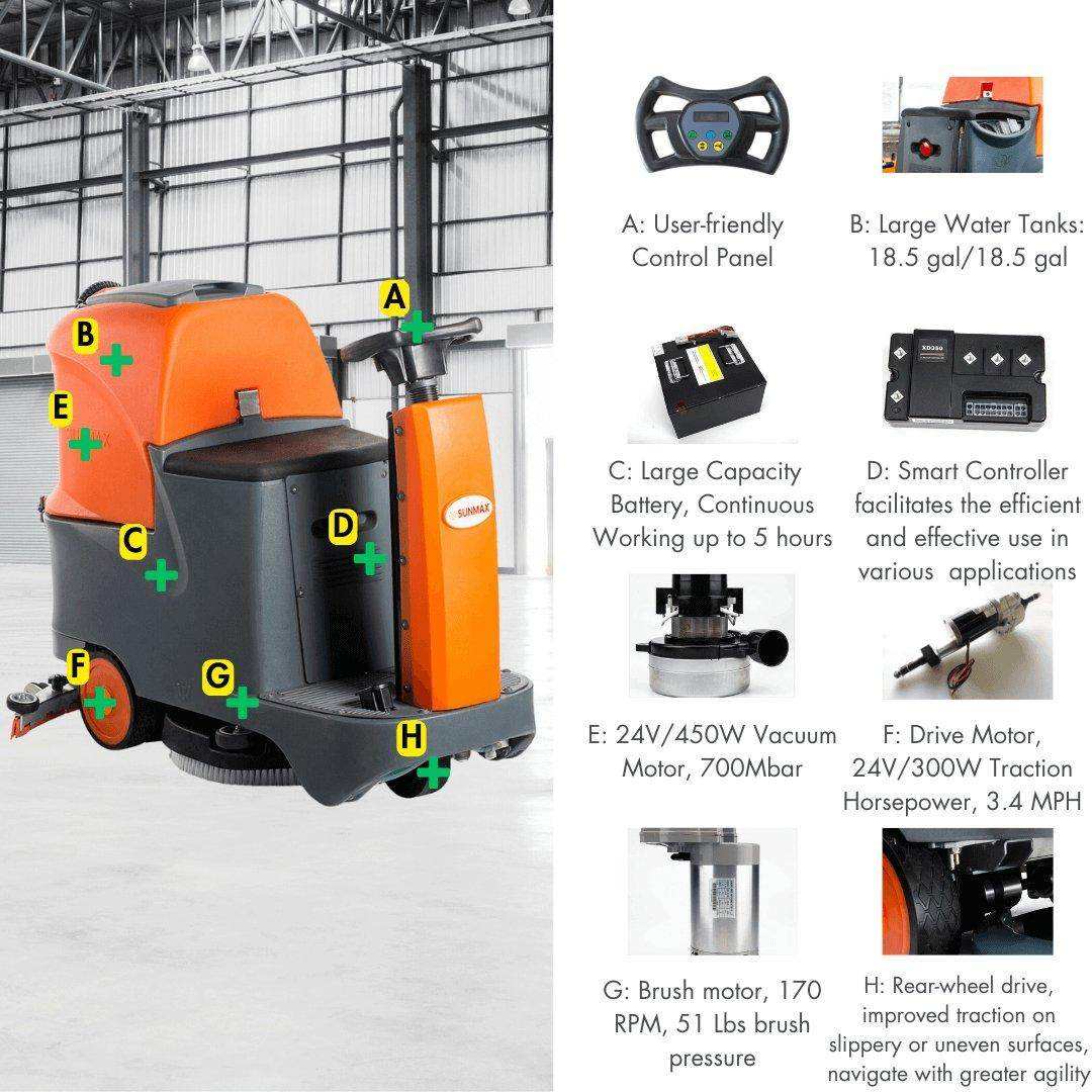 RT70+ Industrial Ride On Floor Scrubber with lithium battery, 22-inch cleaning path, 18.5-gallon tanks, 5-hour runtime, and ergonomic controls for efficient industrial cleaning.