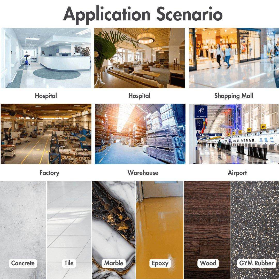 RT70+ Industrial Ride On Floor Scrubber cleaning various floors like concrete, tile, marble, epoxy, wood, and gym rubber in hospitals, malls, factories, warehouses, and airports.