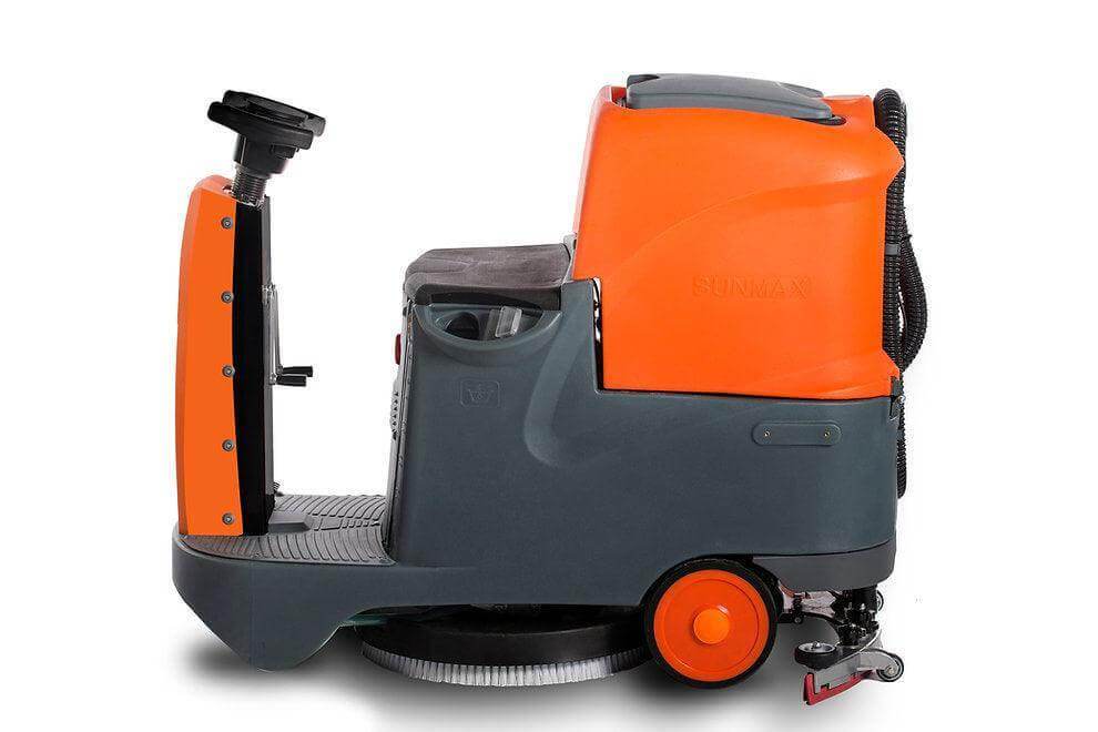 RT70+ Industrial Ride On Floor Scrubber machine with lithium battery, 22-inch cleaning path, and 48000 sqft per hour efficiency