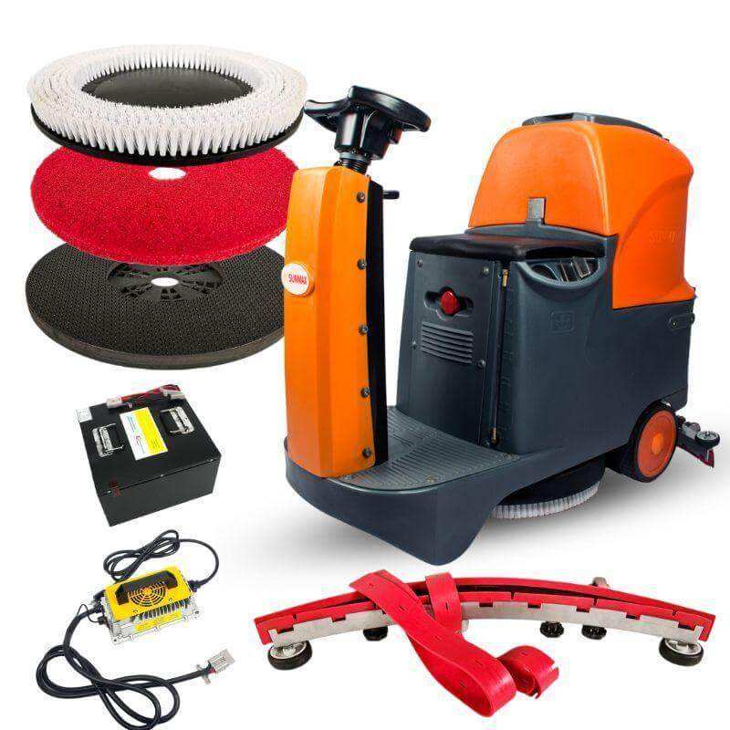 RT70+ Industrial Ride On Floor Scrubber with lithium battery, 22-inch cleaning path, and accessories for industrial floor cleaning