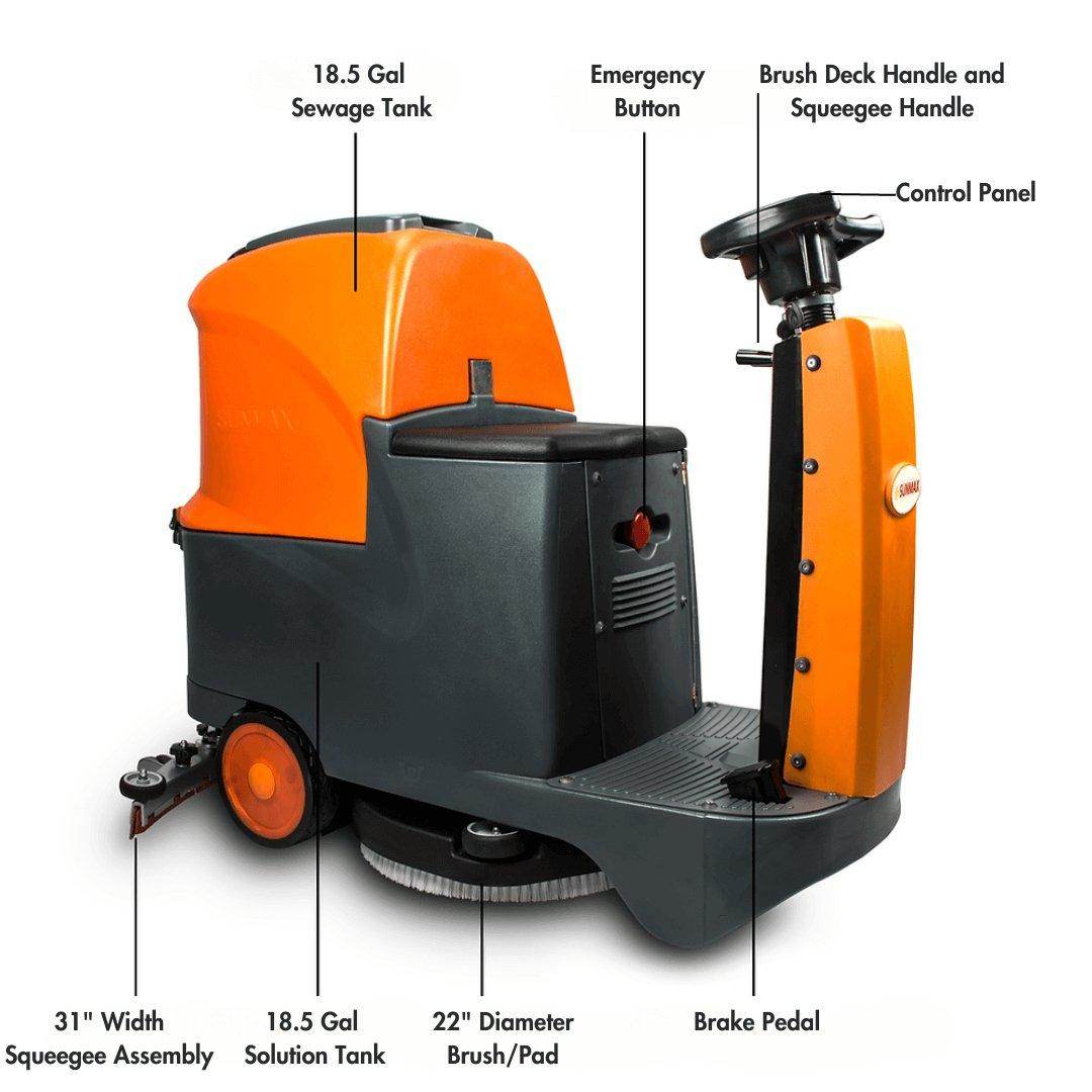 RT70+ Industrial Ride On Floor Scrubber with 22-inch cleaning path and 18.5-gallon recovery tank for efficient large-scale floor cleaning
