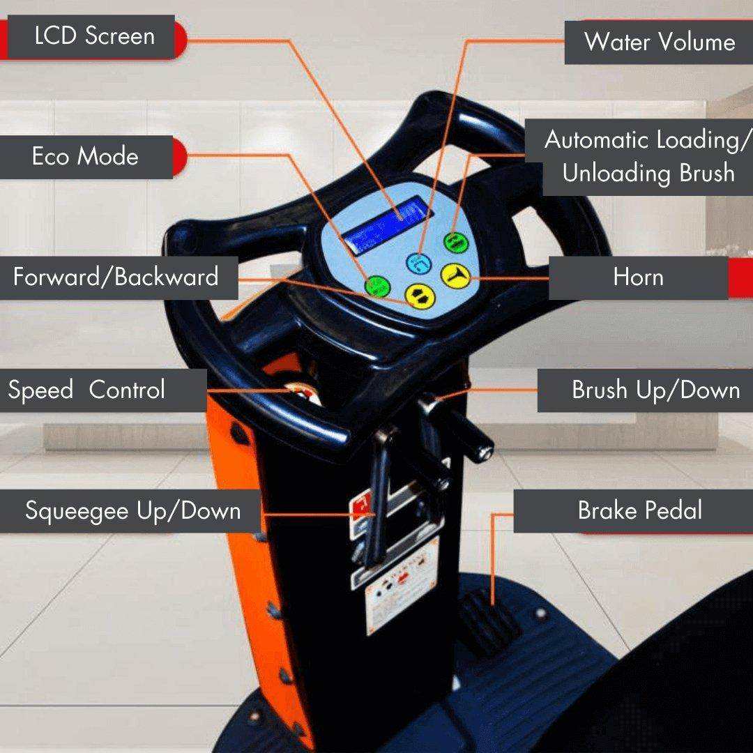 Control panel of RT70+ Industrial Ride On Floor Scrubber with labeled buttons and LCD screen