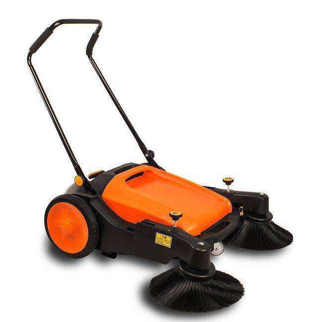 RT980 38-inch Manual Push Floor Sweeper with dual spinning brushes and large orange dustbin for efficient indoor and outdoor cleaning.