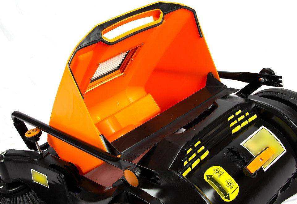 Manual Push Floor Sweeper RT980 with dual spinning brushes and 38-inch wide cleaning path in orange and black design