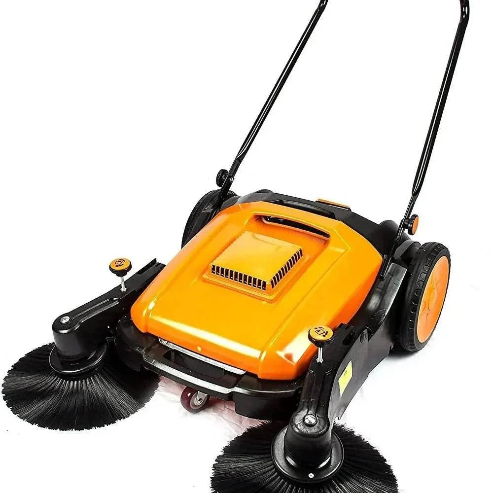 RT980S 38" walk behind sweeper with triple brooms, push-powered for indoor and outdoor use, cleans 38000 sqft per hour.