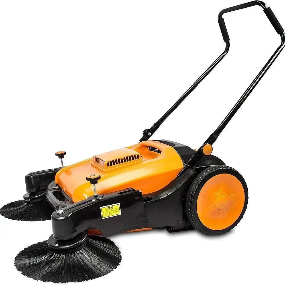 RT980S 38-inch walk behind sweeper with triple brooms and 12.7-gallon waste container for indoor and outdoor floor cleaning