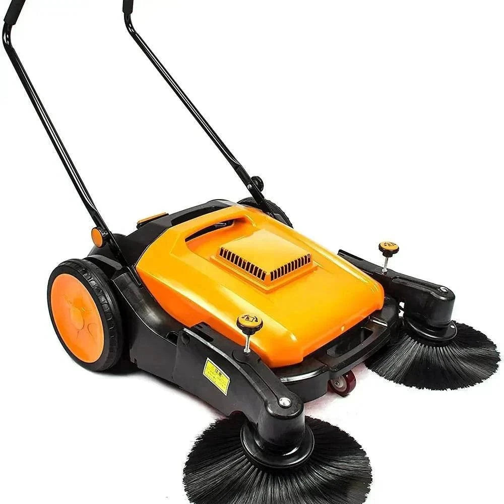 RT980S 38" walk behind sweeper with triple brooms, push-powered, 38,000 sqft/hr cleaning efficiency, 12.7-gallon waste container, for indoor and outdoor use on hard surfaces