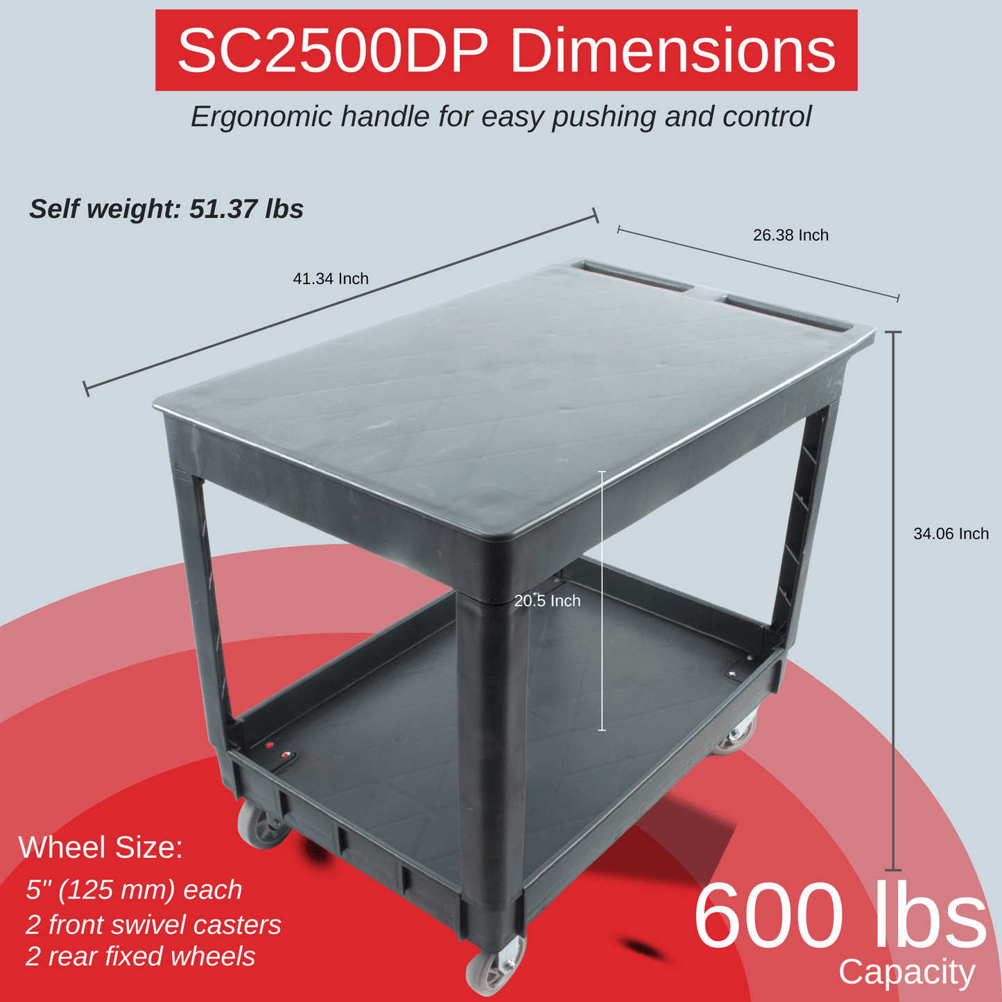 SC2500DP Heavy-Duty Utility Cart with Flat Top Shelf β 2-Tier Rolling Service Cart - SUNMAX