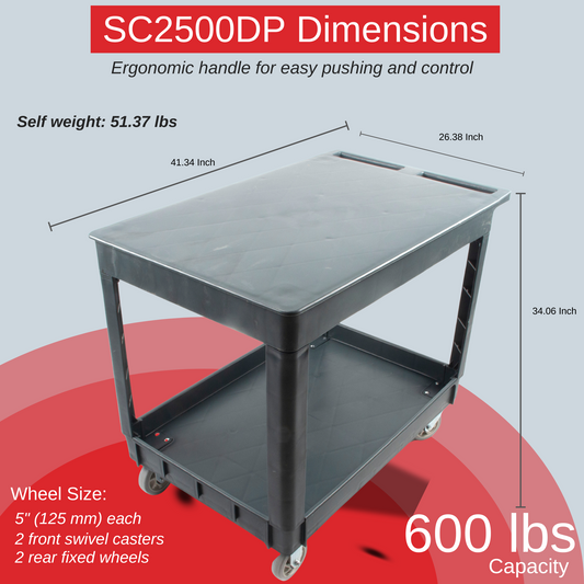 SC2500DP Heavy-Duty Utility Cart with Flat Top Shelf β 2-Tier Rolling Service Cart