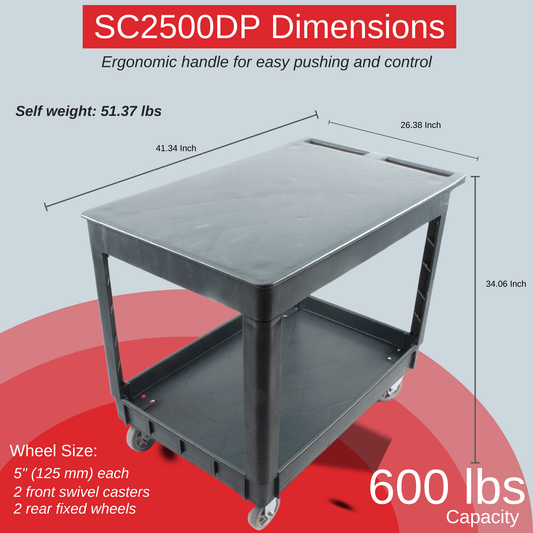 SC2500DP Heavy-Duty Utility Cart with Flat Top Shelf β 2-Tier Rolling Service Cart