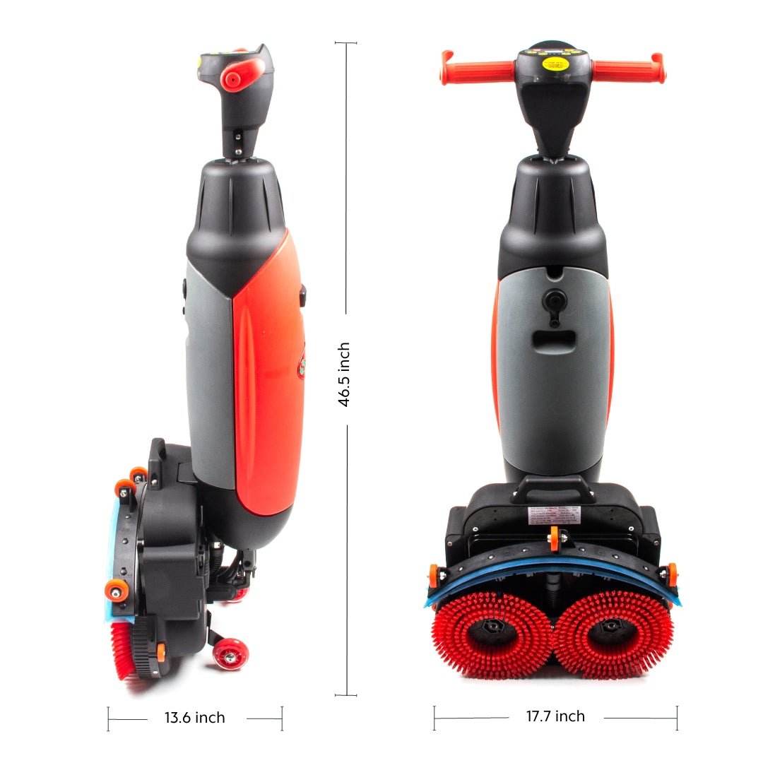 SM430 17 inch walk-behind automatic floor scrubber with 360 degree rotating head and rechargeable lithium battery, shown from side and front with dimensions.