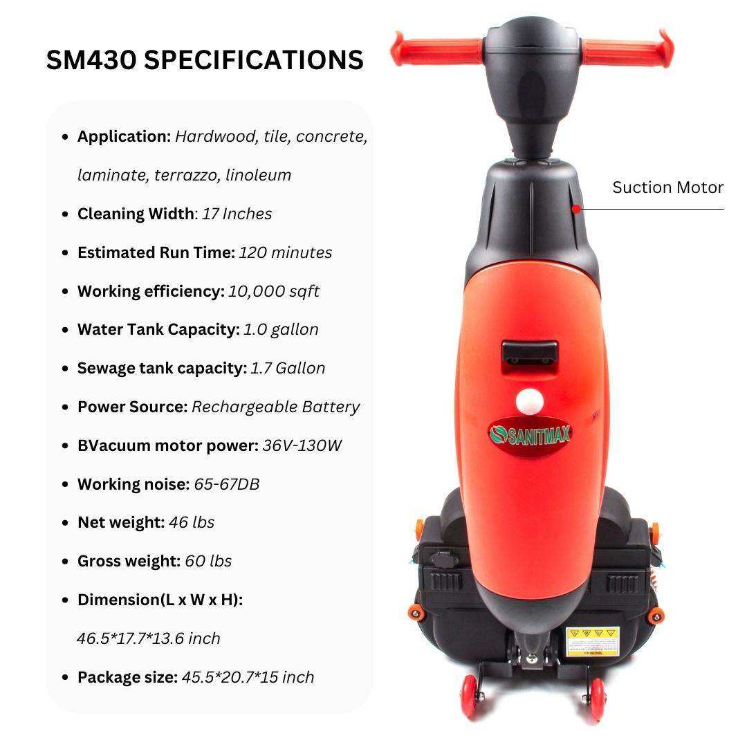 Red and black SM430 17-inch walk-behind automatic floor scrubber with ergonomic handles and rechargeable battery, suitable for hardwood, tile, and concrete cleaning.