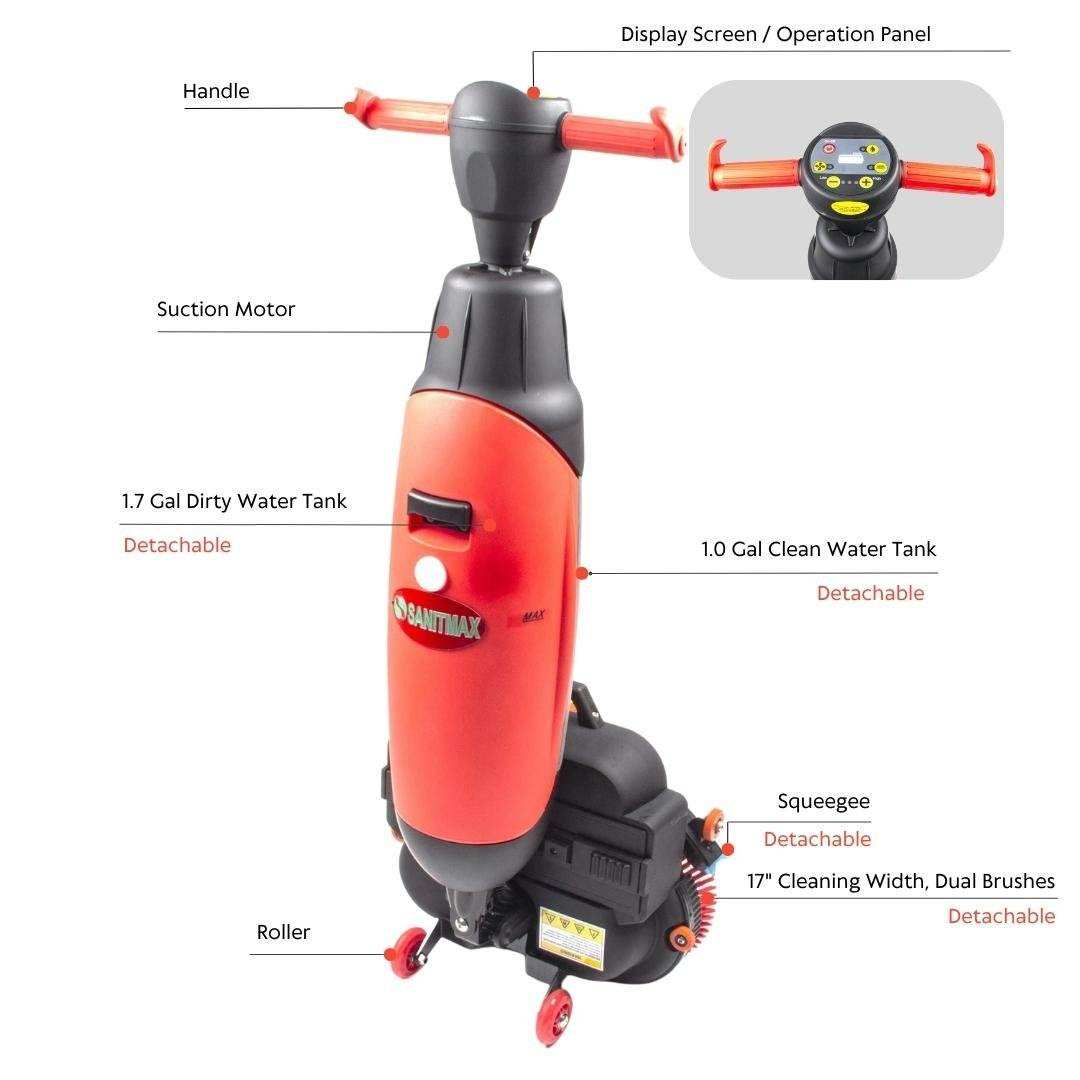 SM430 17-inch cordless automatic floor scrubber with dual brushes and detachable tanks for efficient cleaning