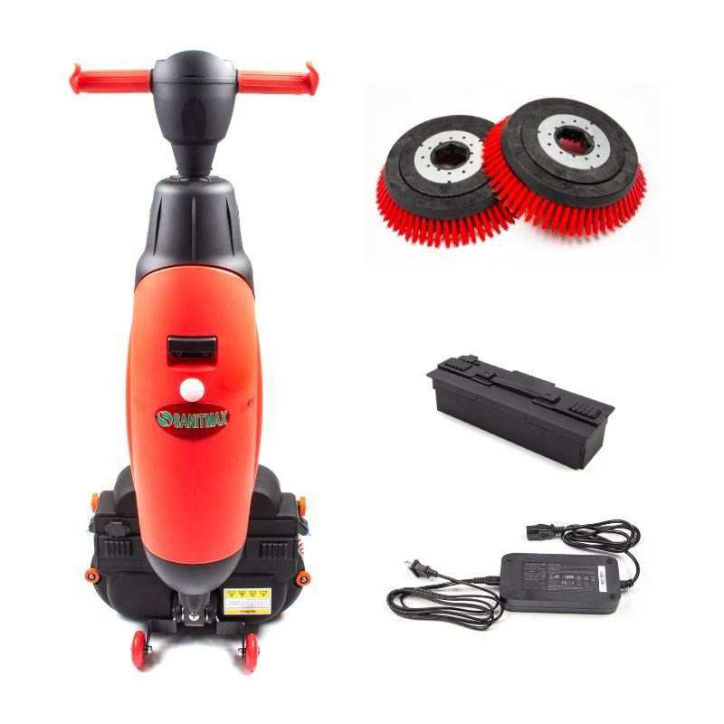 SM430 17 inch cordless automatic floor scrubber with dual rotary brushes, rechargeable lithium battery, and accessories.