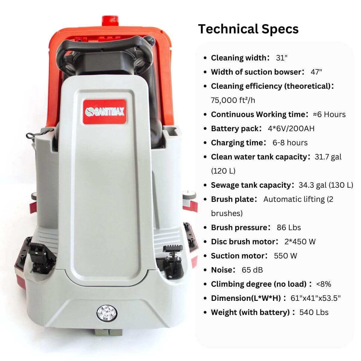 SANITMAX SM860 34-inch ride-on floor scrubber dryer machine for industrial cleaning with 31-inch brush width and large water tanks
